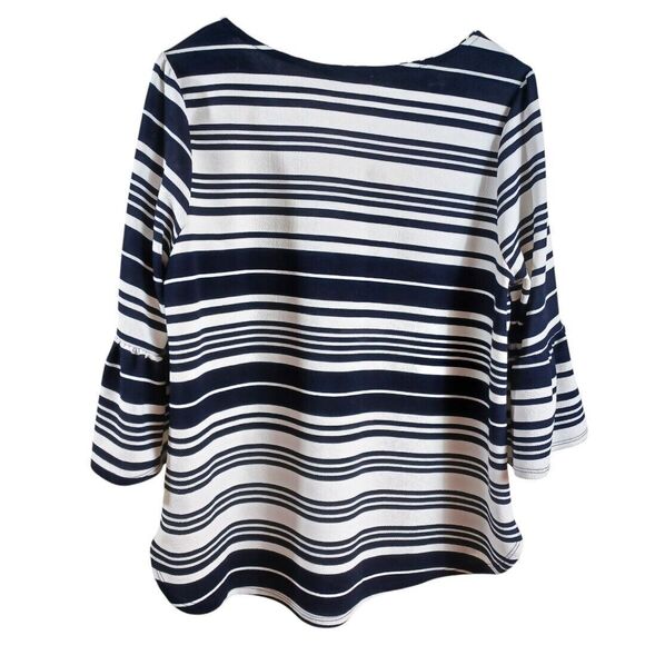 Green Envelope 1X Nautical White Blue Striped Blouse 3/4 Bell Sleeve Coastal Top - Picture 6 of 8